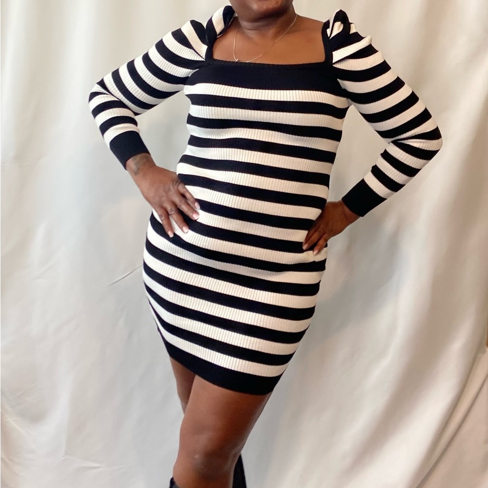 Puffed Sleeve Striped Sweater Dress
